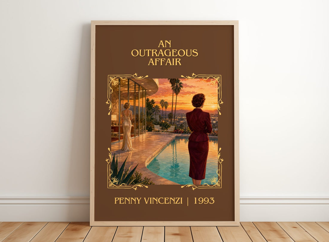 An Outrageous Affair Classic Book Art Print by Penny Vincenzi – framed print leaning on a wooden floor