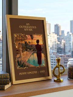 An Outrageous Affair Classic Book Art Print by Penny Vincenzi – framed print on a city-view windowsill