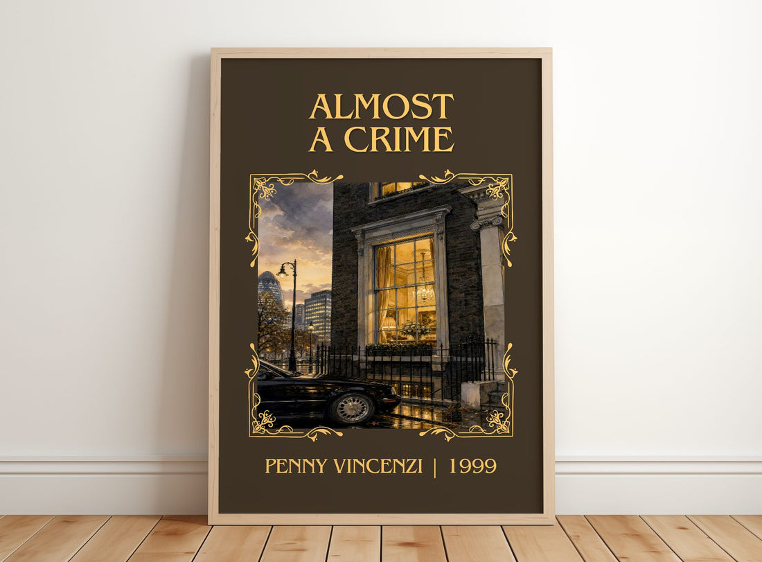 Almost a Crime Classic Book Art Print by Penny Vincenzi – framed print leaning on a wooden floor