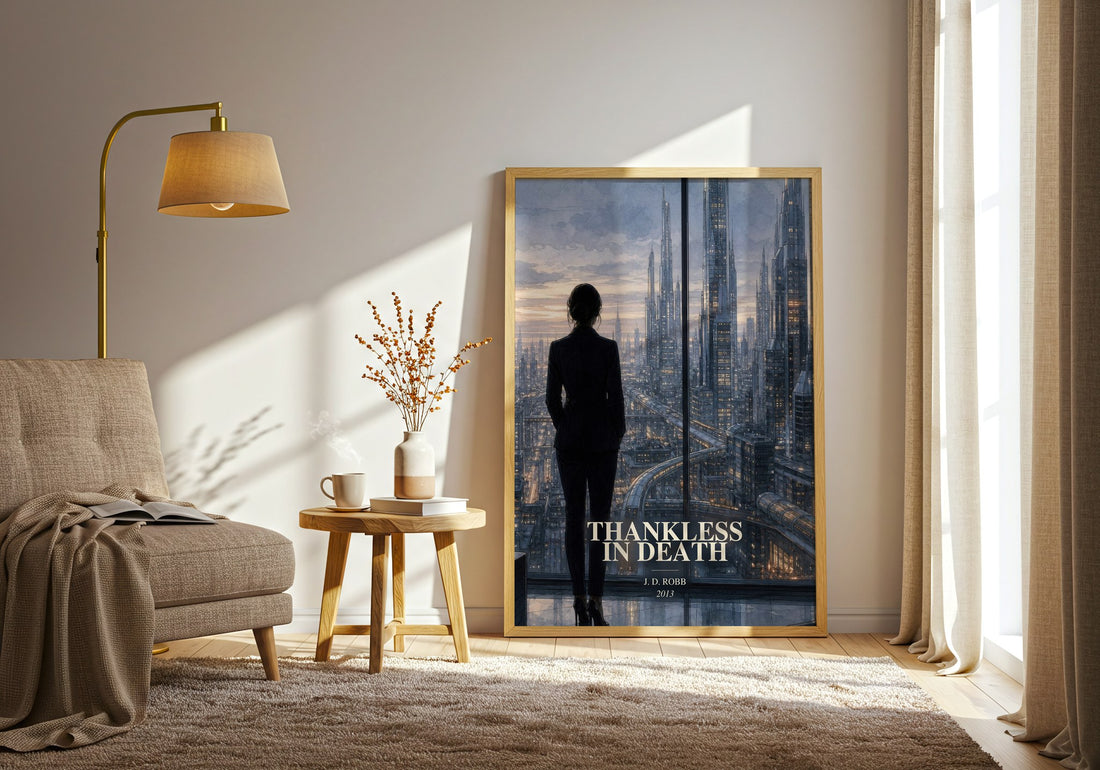 Thankless In Death watercolour print in frame leaning in hallway – thriller wall art (mockup)