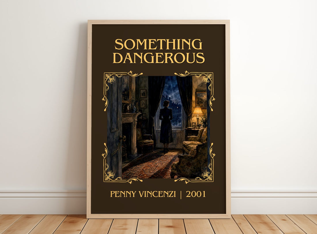 Something Dangerous Classic Book Art Print by Penny Vincenzi – framed print leaning on a wooden floor