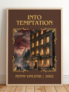 Into Temptation Classic Book Art Print by Penny Vincenzi – framed print leaning on a wooden floor