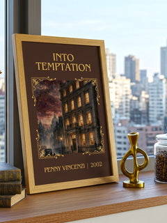 Into Temptation Classic Book Art Print by Penny Vincenzi – framed print on a city-view windowsill