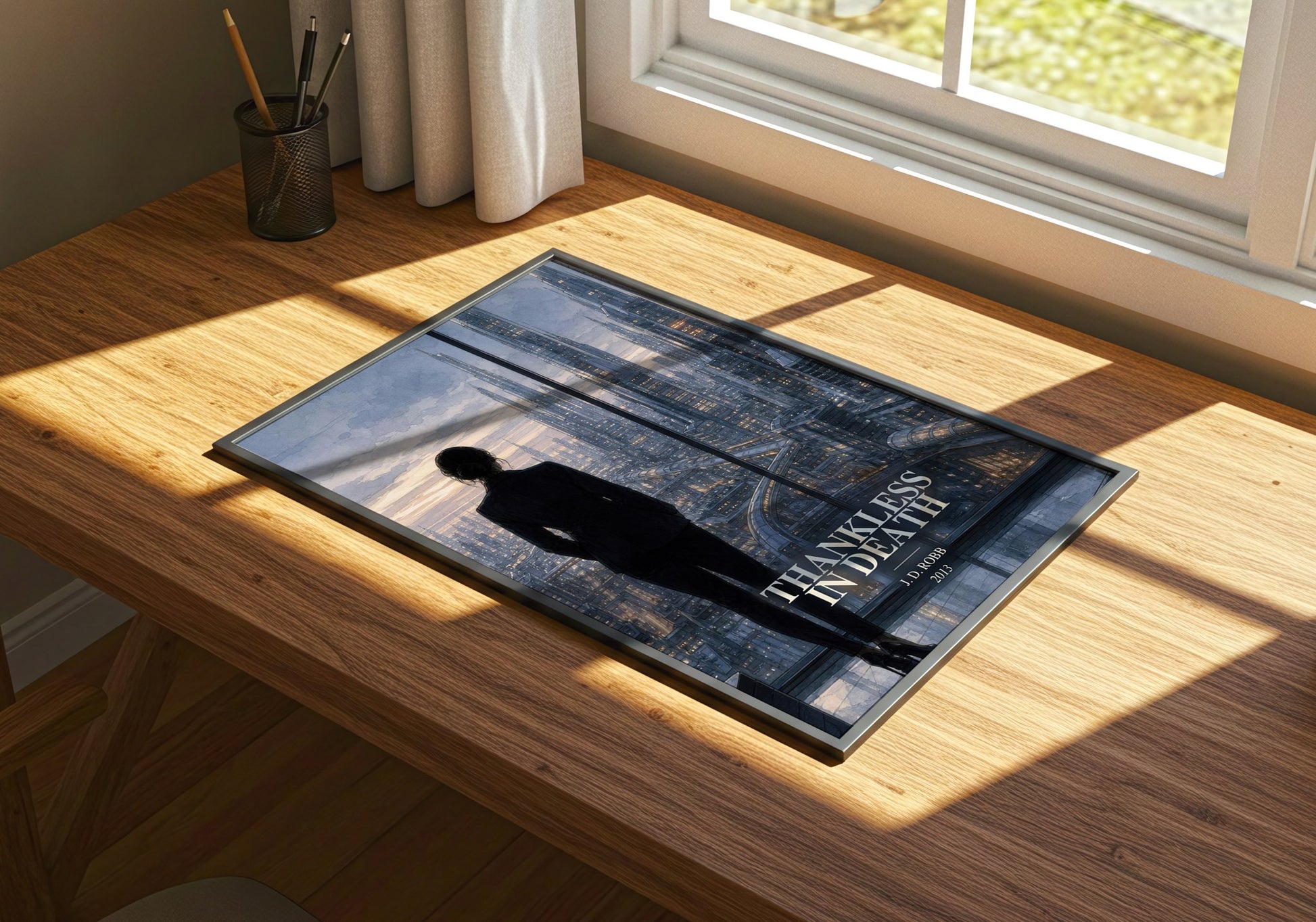 Thankless In Death watercolour book poster framed on wall – thriller wall art