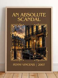 An Absolute Scandal Classic Book Art Print by Penny Vincenzi – framed print leaning on a wooden floor