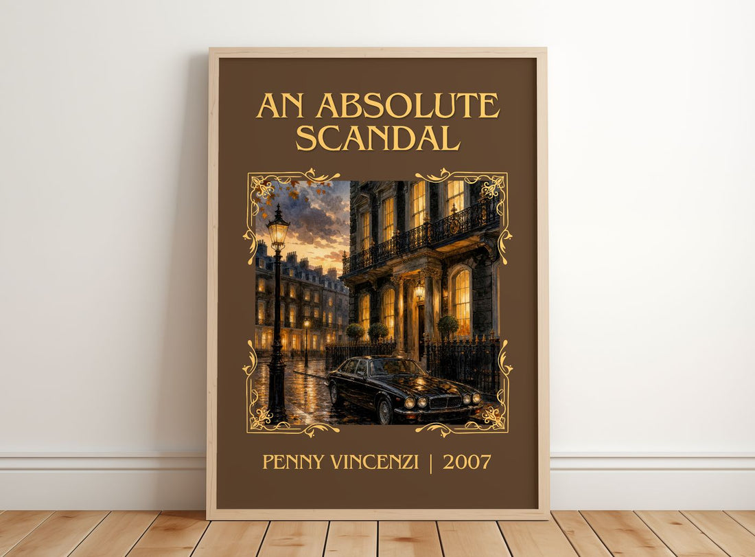 An Absolute Scandal Classic Book Art Print by Penny Vincenzi – framed print leaning on a wooden floor