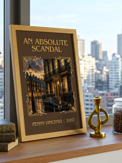 An Absolute Scandal Classic Book Art Print by Penny Vincenzi – framed print on a city-view windowsill