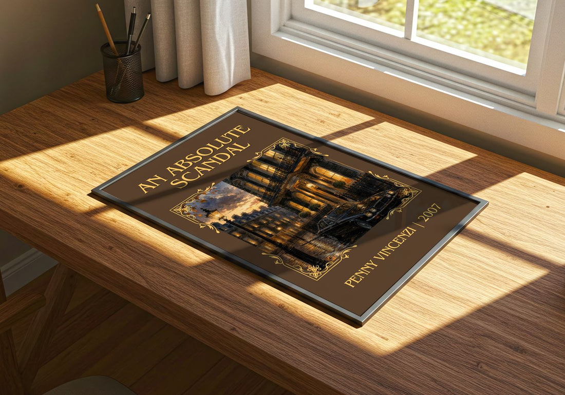 An Absolute Scandal Classic Book Art Print by Penny Vincenzi – print on a sunlit desk