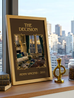 The Decision Classic Book Art Print by Penny Vincenzi – framed print on a city-view windowsill