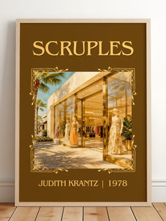Scruples Classic Book Art Print by Judith Krantz – framed print leaning on a wooden floor
