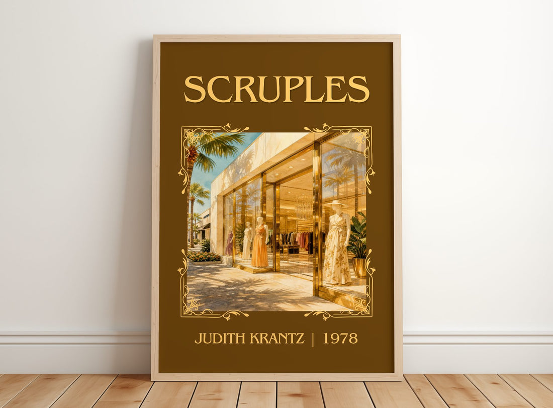 Scruples Classic Book Art Print by Judith Krantz – framed print leaning on a wooden floor