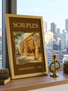 Scruples Classic Book Art Print by Judith Krantz – framed print on a city-view windowsill