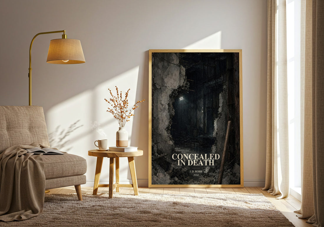Concealed In Death watercolour print in frame leaning in hallway – mystery wall art (mockup)