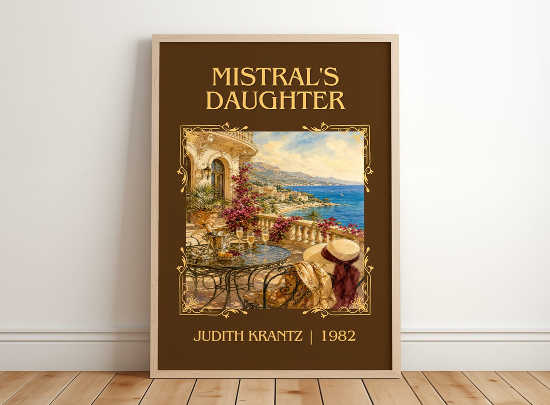 Mistral's Daughter Classic Book Art Print by Judith Krantz – framed print leaning on a wooden floor