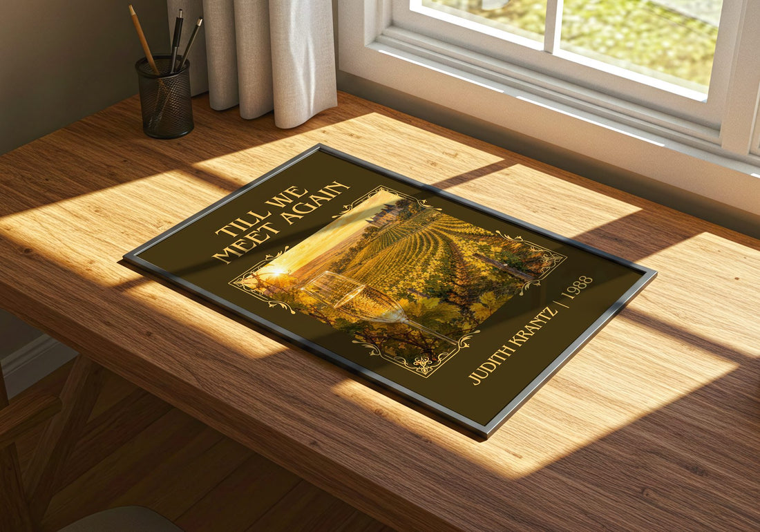 Till We Meet Again Classic Book Art Print by Judith Krantz – print on a sunlit desk