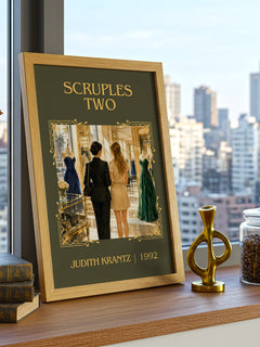 Scruples Two Classic Book Art Print by Judith Krantz – framed print on a city-view windowsill