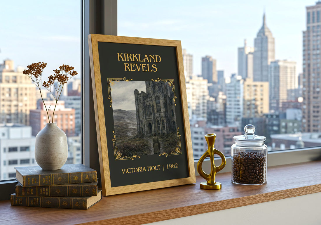 Kirkland Revels Classic Book Art Print by Victoria Holt – framed print on a city-view windowsill