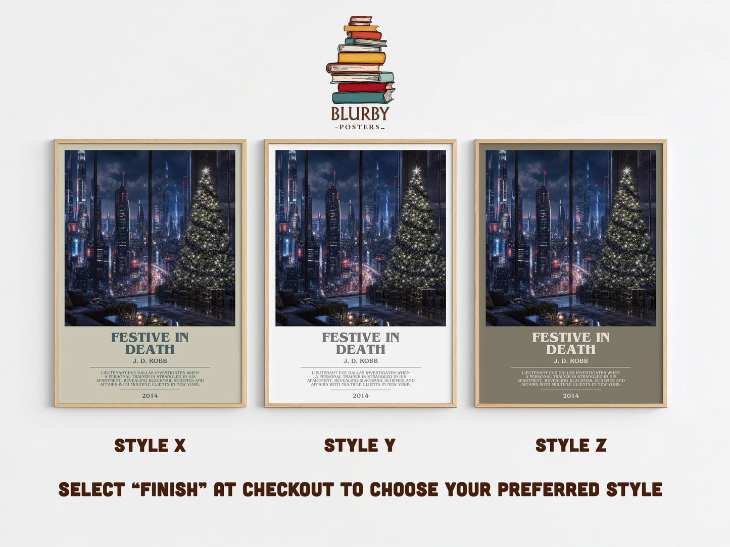 Festive In Death bookish print in frame leaning in hallway – mystery wall art