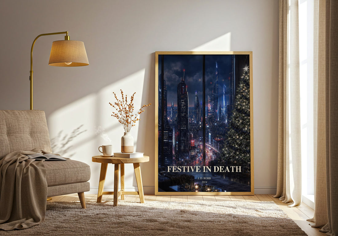 Festive In Death watercolour print in frame leaning in hallway – mystery wall art (mockup)