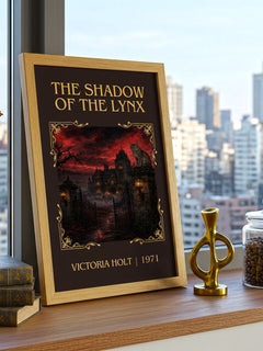 The Shadow of the Lynx Classic Book Art Print by Victoria Holt – framed print on a city-view windowsill