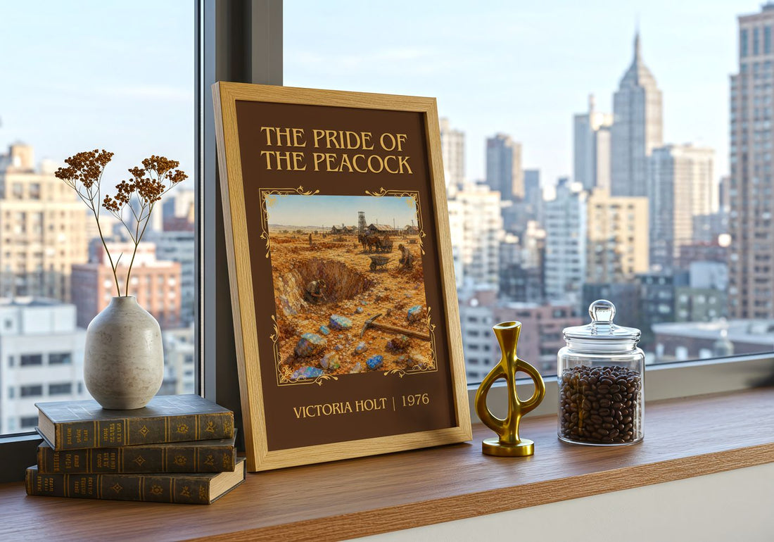 The Pride of the Peacock Classic Book Art Print by Victoria Holt – framed print on a city-view windowsill