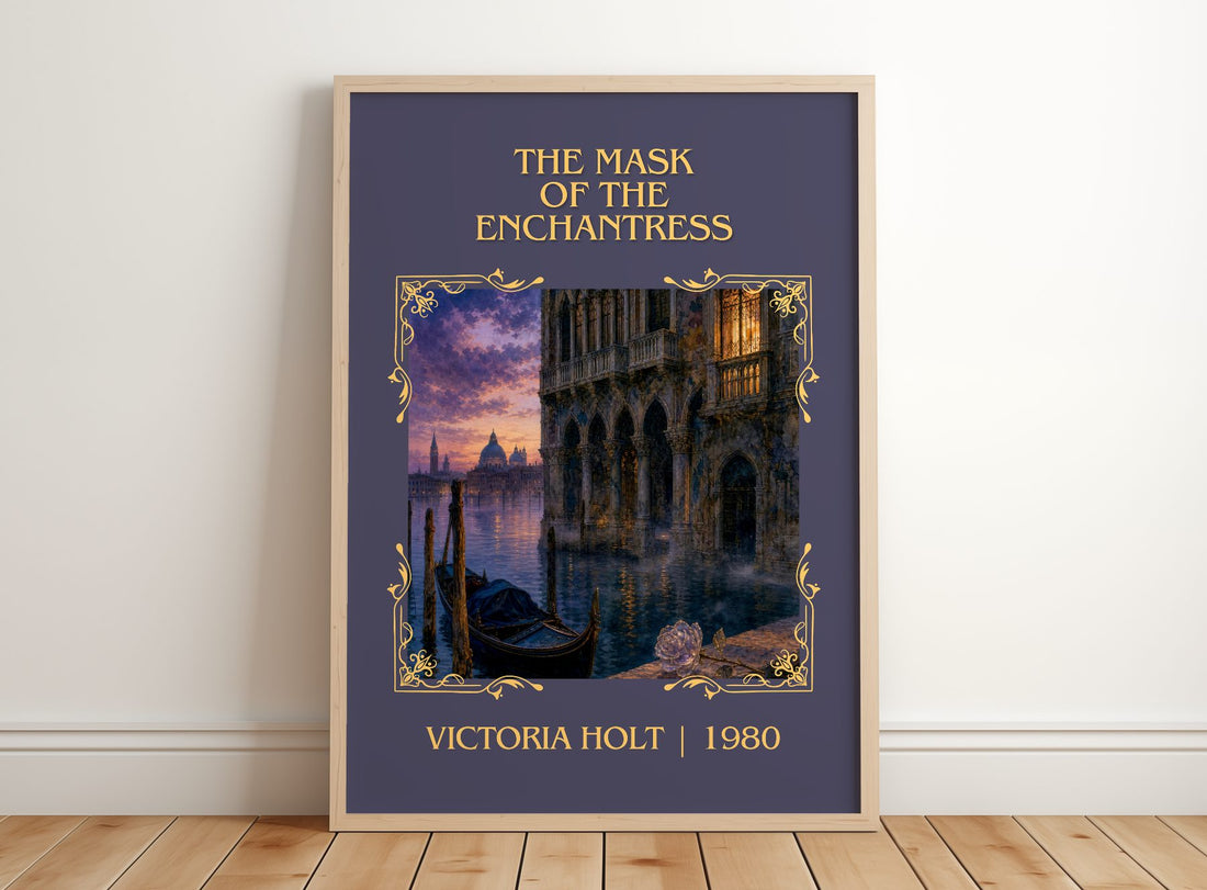 The Mask of the Enchantress Classic Book Art Print by Victoria Holt – framed print leaning on a wooden floor