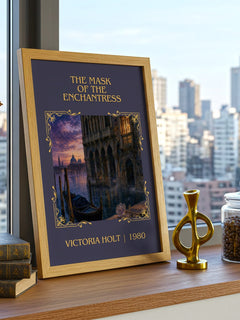 The Mask of the Enchantress Classic Book Art Print by Victoria Holt – framed print on a city-view windowsill