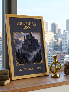 The Judas Kiss Classic Book Art Print by Victoria Holt – framed print on a city-view windowsill