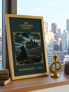 The Landower Legacy Classic Book Art Print by Victoria Holt – framed print on a city-view windowsill