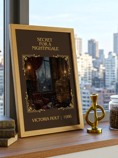 Secret for a Nightingale Classic Book Art Print by Victoria Holt – framed print on a city-view windowsill