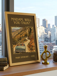 Madam, Will You Talk? Classic Book Art Print by Mary Stewart – framed print on a city-view windowsill