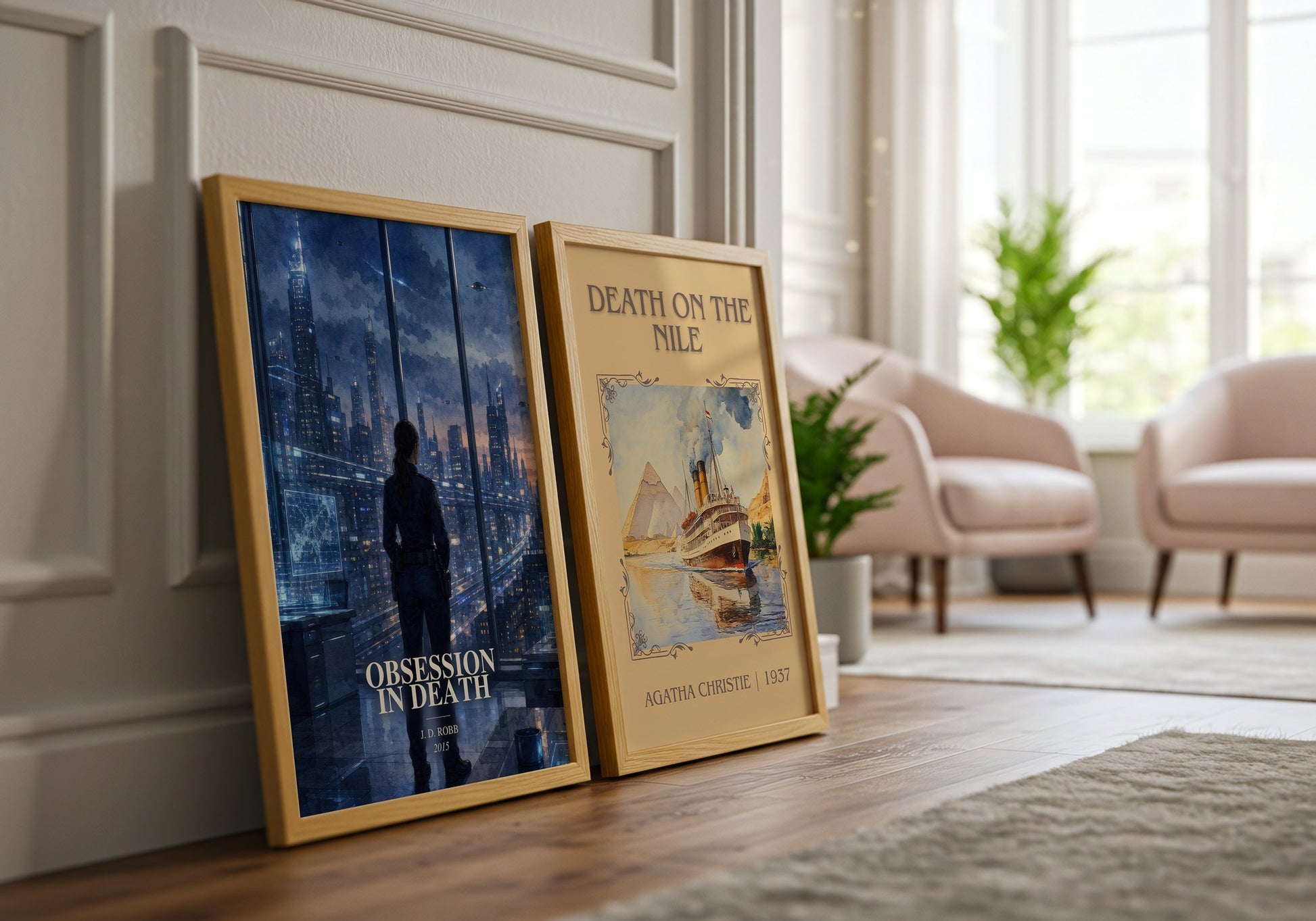 Obsession In Death watercolour print framed by window – literary home decor