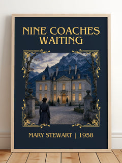 Nine Coaches Waiting Classic Book Art Print by Mary Stewart – framed print leaning on a wooden floor