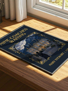 Nine Coaches Waiting Classic Book Art Print by Mary Stewart – print on a sunlit desk