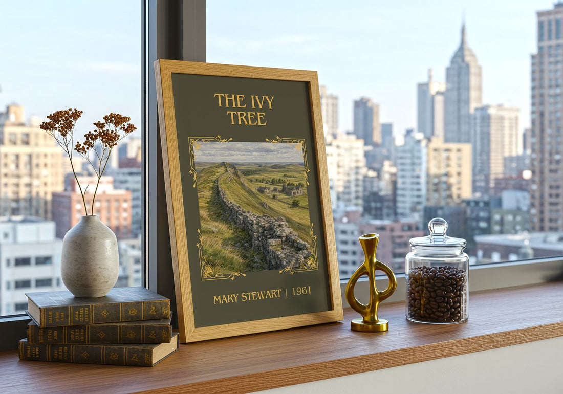 The Ivy Tree Classic Book Art Print by Mary Stewart – framed print on a city-view windowsill