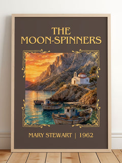 The Moon-Spinners Classic Book Art Print by Mary Stewart – framed print leaning on a wooden floor