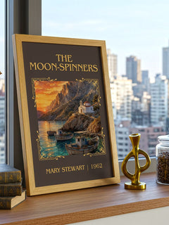 The Moon-Spinners Classic Book Art Print by Mary Stewart – framed print on a city-view windowsill