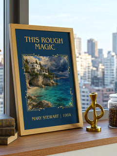 This Rough Magic Classic Book Art Print by Mary Stewart – framed print on a city-view windowsill