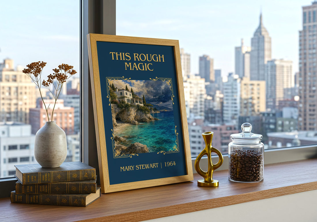 This Rough Magic Classic Book Art Print by Mary Stewart – framed print on a city-view windowsill