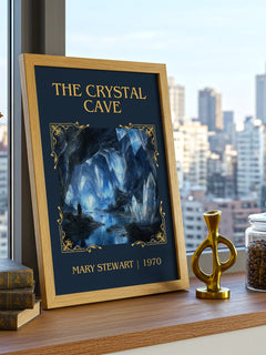 The Crystal Cave Classic Book Art Print by Mary Stewart – framed print on a city-view windowsill