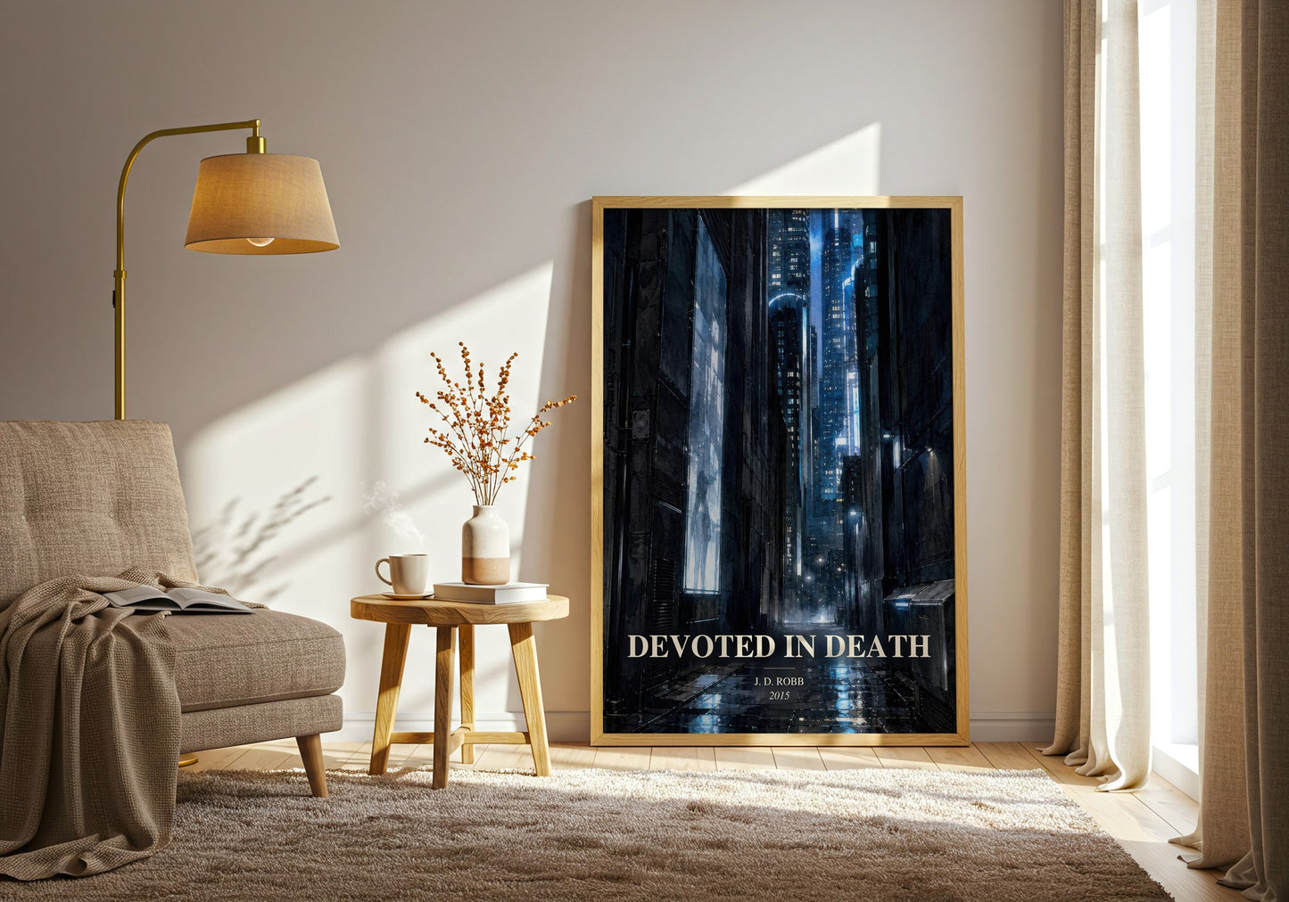 Devoted In Death watercolour print in frame leaning in hallway – thriller wall art