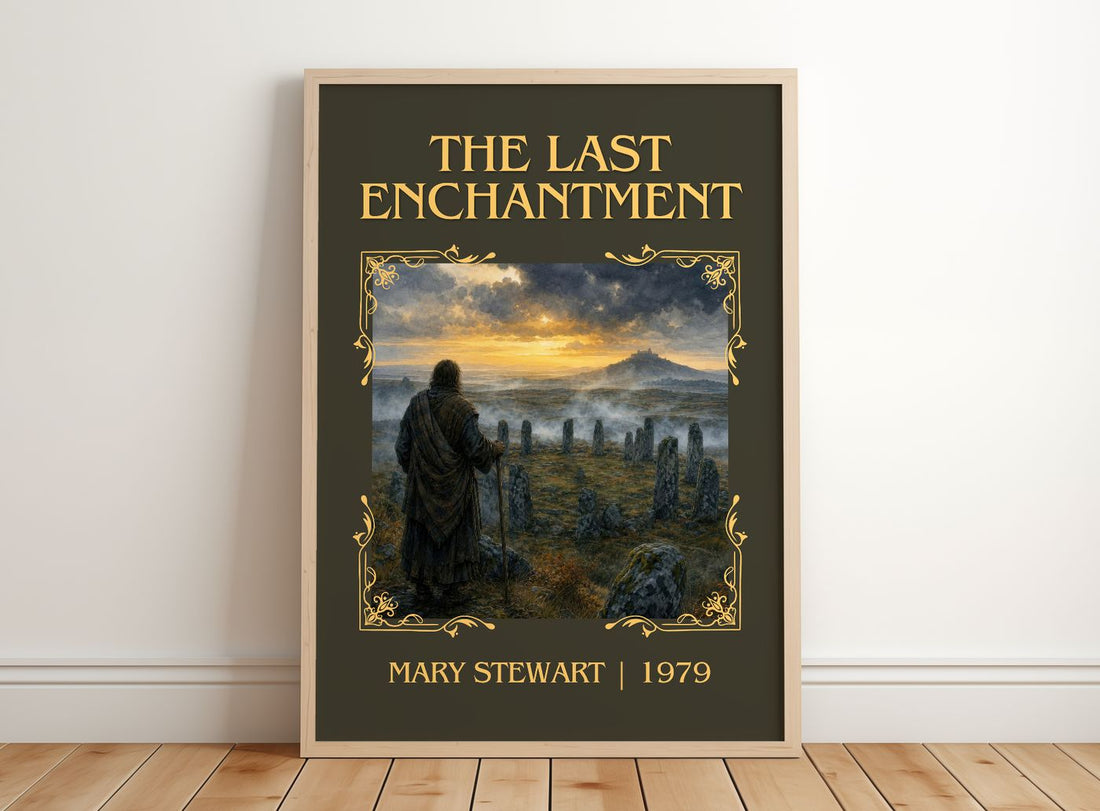The Last Enchantment Classic Book Art Print by Mary Stewart – framed print leaning on a wooden floor