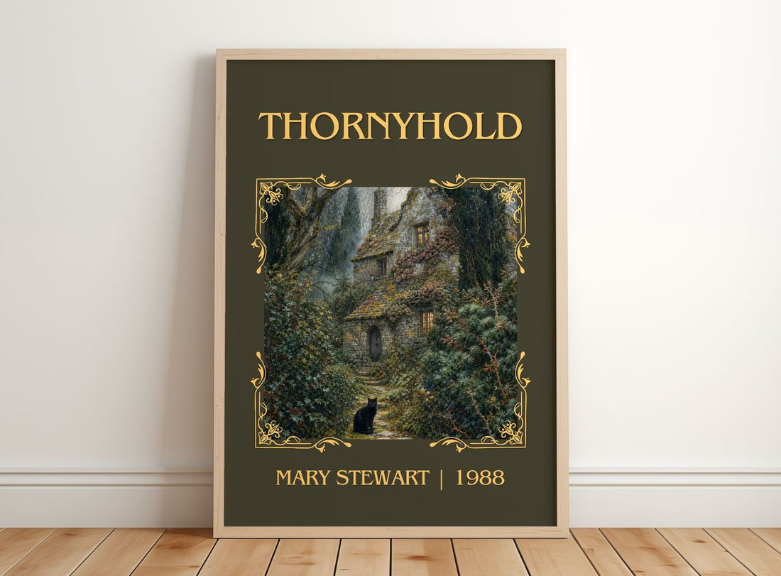 Thornyhold Classic Book Art Print by Mary Stewart – framed print leaning on a wooden floor