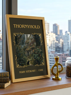 Thornyhold Classic Book Art Print by Mary Stewart – framed print on a city-view windowsill