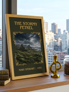 The Stormy Petrel Classic Book Art Print by Mary Stewart – framed print on a city-view windowsill