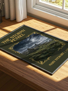 The Stormy Petrel Classic Book Art Print by Mary Stewart – print on a sunlit desk