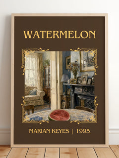 Watermelon Classic Book Art Print by Marian Keyes – framed print leaning on a wooden floor