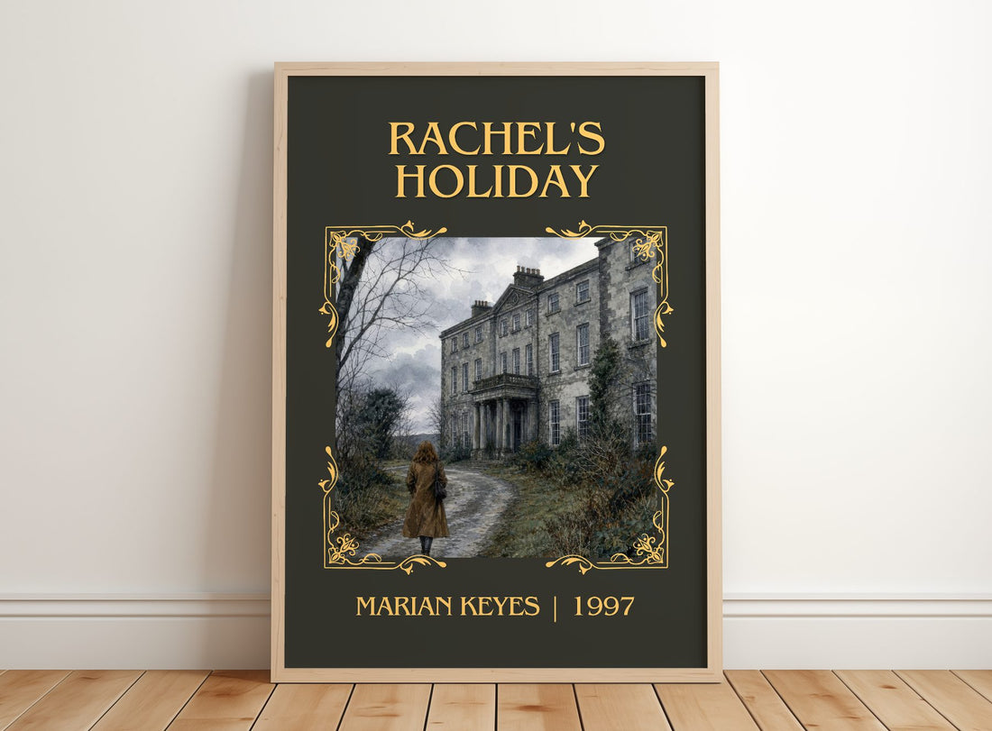 Rachel's Holiday Classic Book Art Print by Marian Keyes – framed print leaning on a wooden floor