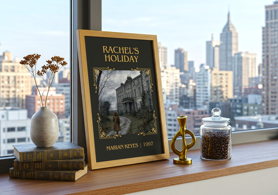 Rachel's Holiday Classic Book Art Print by Marian Keyes – framed print on a city-view windowsill