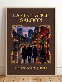 Last Chance Saloon Classic Book Art Print by Marian Keyes – framed print leaning on a wooden floor